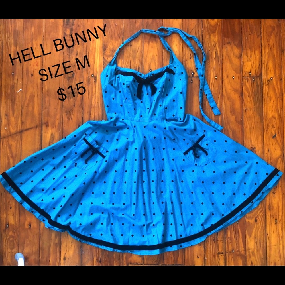 HELL BUNNY BLUE DOT JOLENE HALTER DRESS M